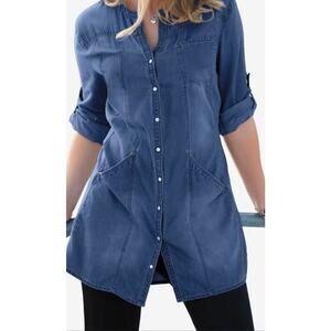 ELLOS Indigo Blue snap front Tunic sz M. Never worn, modern Swedish fashion.